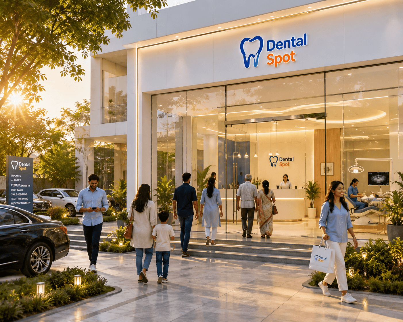 Dental Spot clinic exterior — warm golden hour